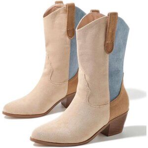 🆕 Lipijixi Embroider Cowboy Boots Women Cream Stacked Heel Wide Calf Boots